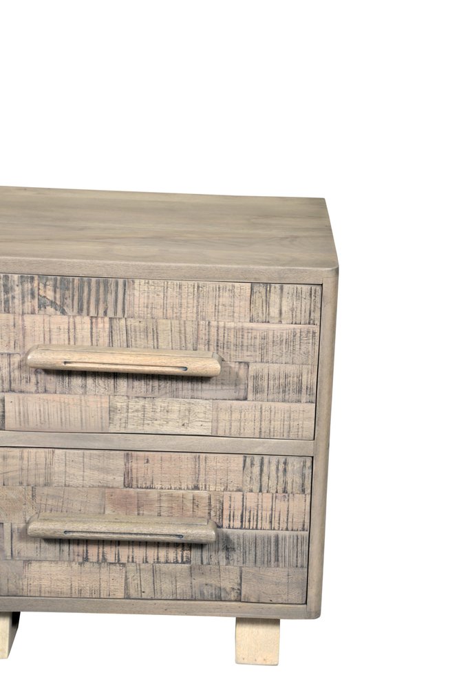 26" Gray Solid Wood Carved Geometric Two Drawer Nightstand. Nightstands & bedside table isolated on a plain white background, in a gray wood finish.