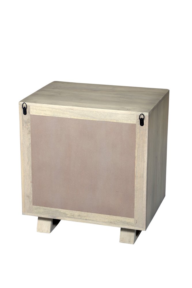 26" Gray Solid Wood Carved Geometric Two Drawer Nightstand. Nightstands & bedside table isolated on a plain white background, finished in gray wood.