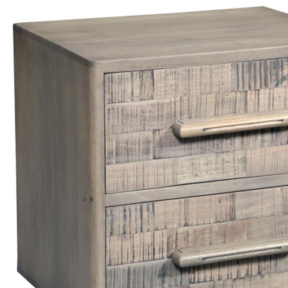26" Gray Solid Wood Carved Geometric Two Drawer Nightstand close-up highlighting the gray wood surface.