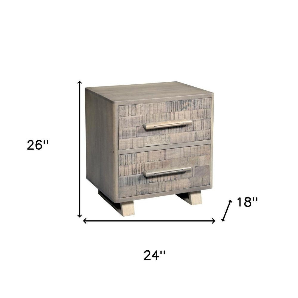26" Gray Solid Wood Carved Geometric Two Drawer Nightstand. Nightstands & bedside table isolated on a plain white background, finished in gray wood.
