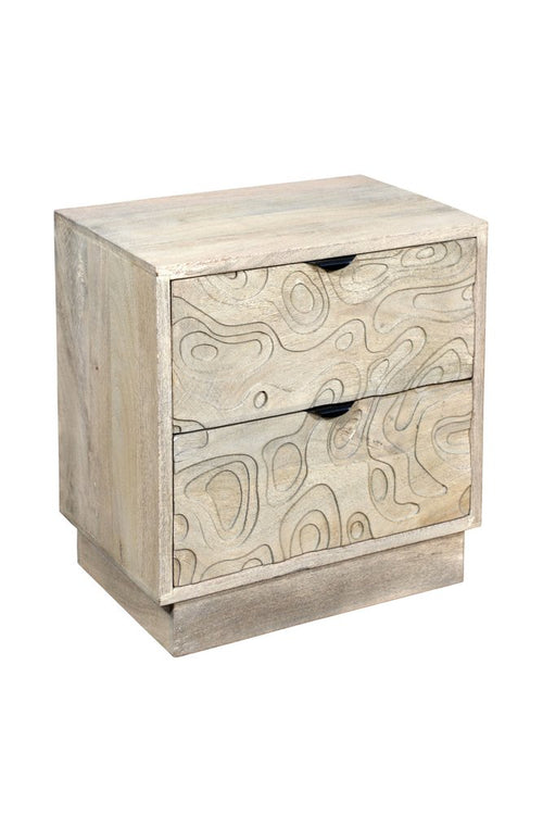 A light gray solid wood two-drawer nightstand with carved abstract topographical patterns on the drawer fronts.