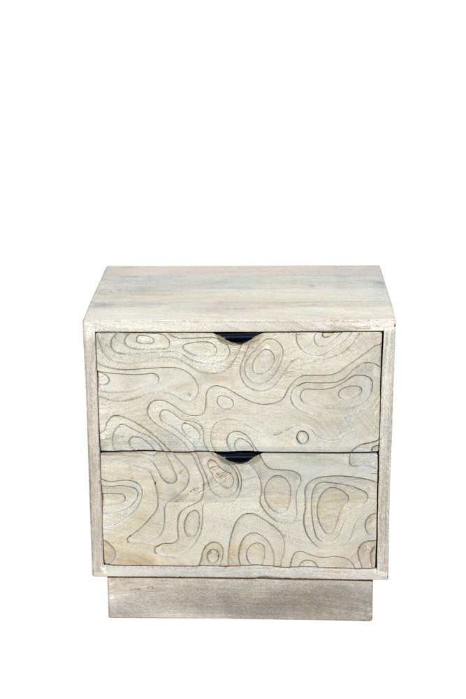 26" Gray Solid Wood Carved Abstract Two Drawer Nightstand. Nightstands & bedside table isolated on a plain white background, showing a gray wood surface.