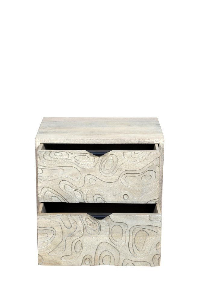 26" Gray Solid Wood Carved Abstract Two Drawer Nightstand. Nightstands & bedside table isolated on a plain white background, finished in gray wood.