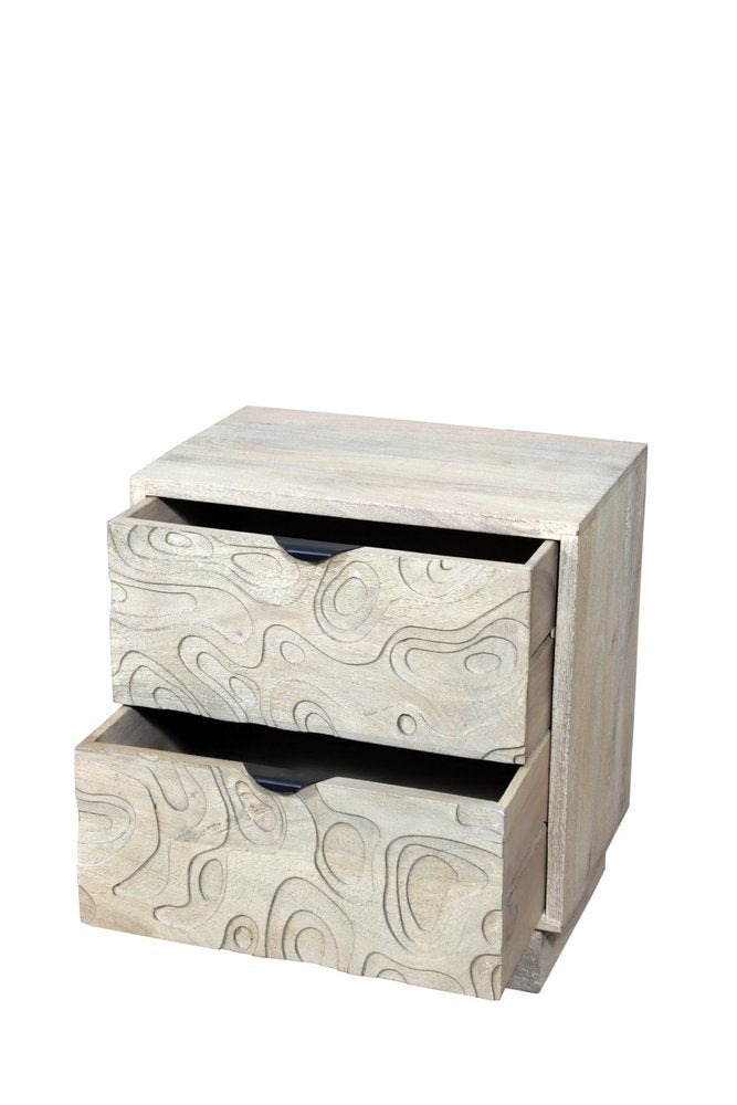 26" Gray Solid Wood Carved Abstract Two Drawer Nightstand. Nightstands & bedside table isolated on a plain white background, showing a wood surface.