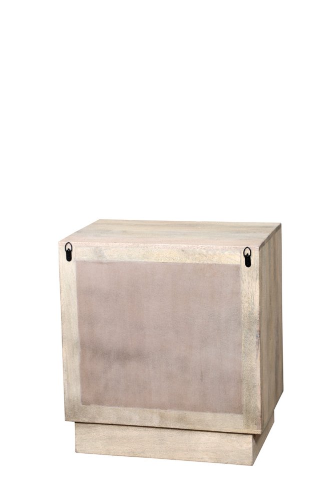 26" Gray Solid Wood Carved Abstract Two Drawer Nightstand. Nightstands & bedside table isolated on a plain white background, showing a wood surface.