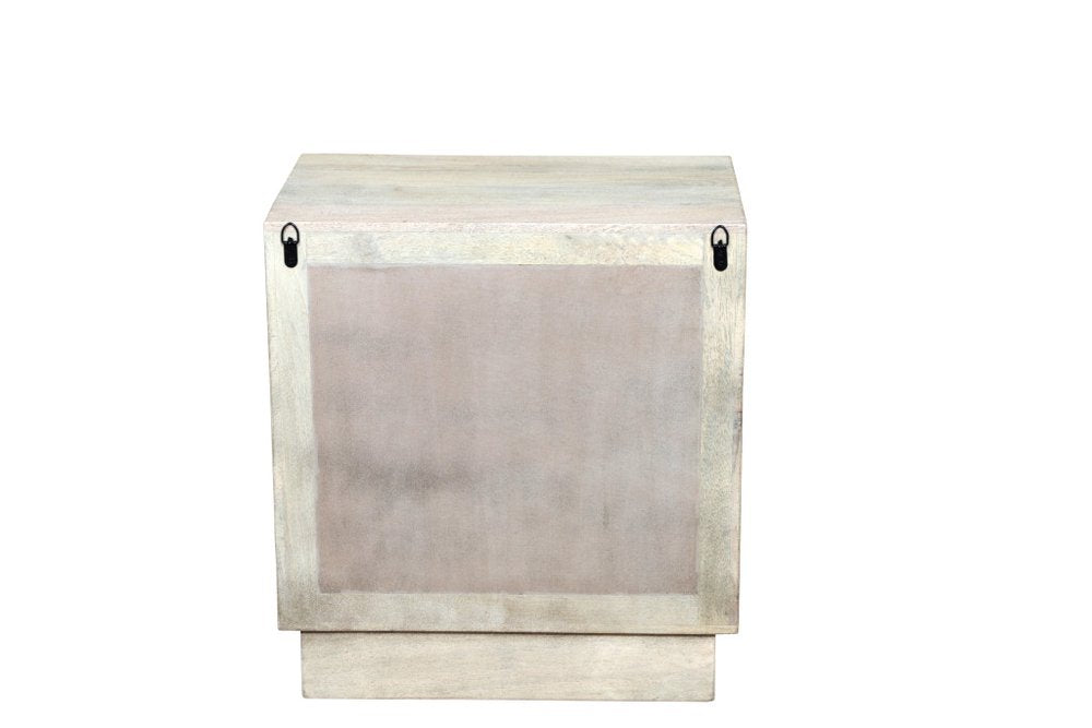 26" Gray Solid Wood Carved Abstract Two Drawer Nightstand. Nightstands & bedside table isolated on a plain white background, showing a gray wood surface.