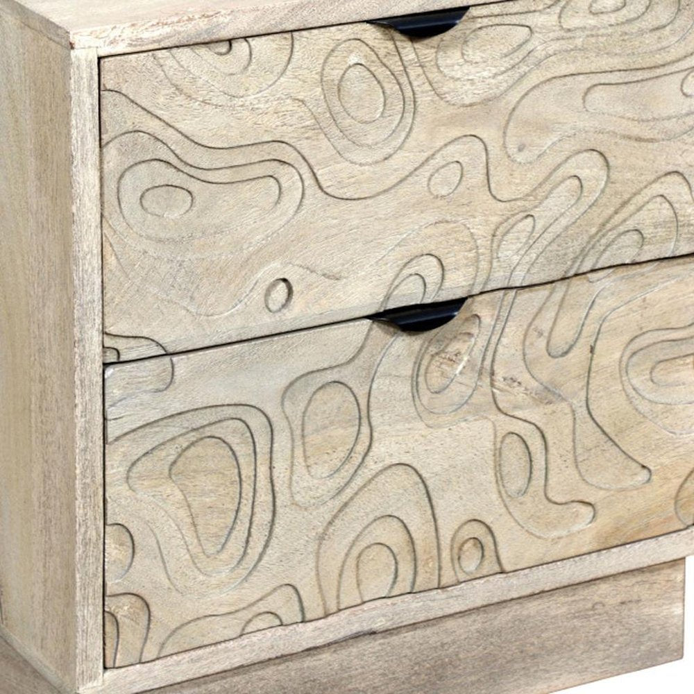 26" Gray Solid Wood Carved Abstract Two Drawer Nightstand close-up highlighting the wood surface.