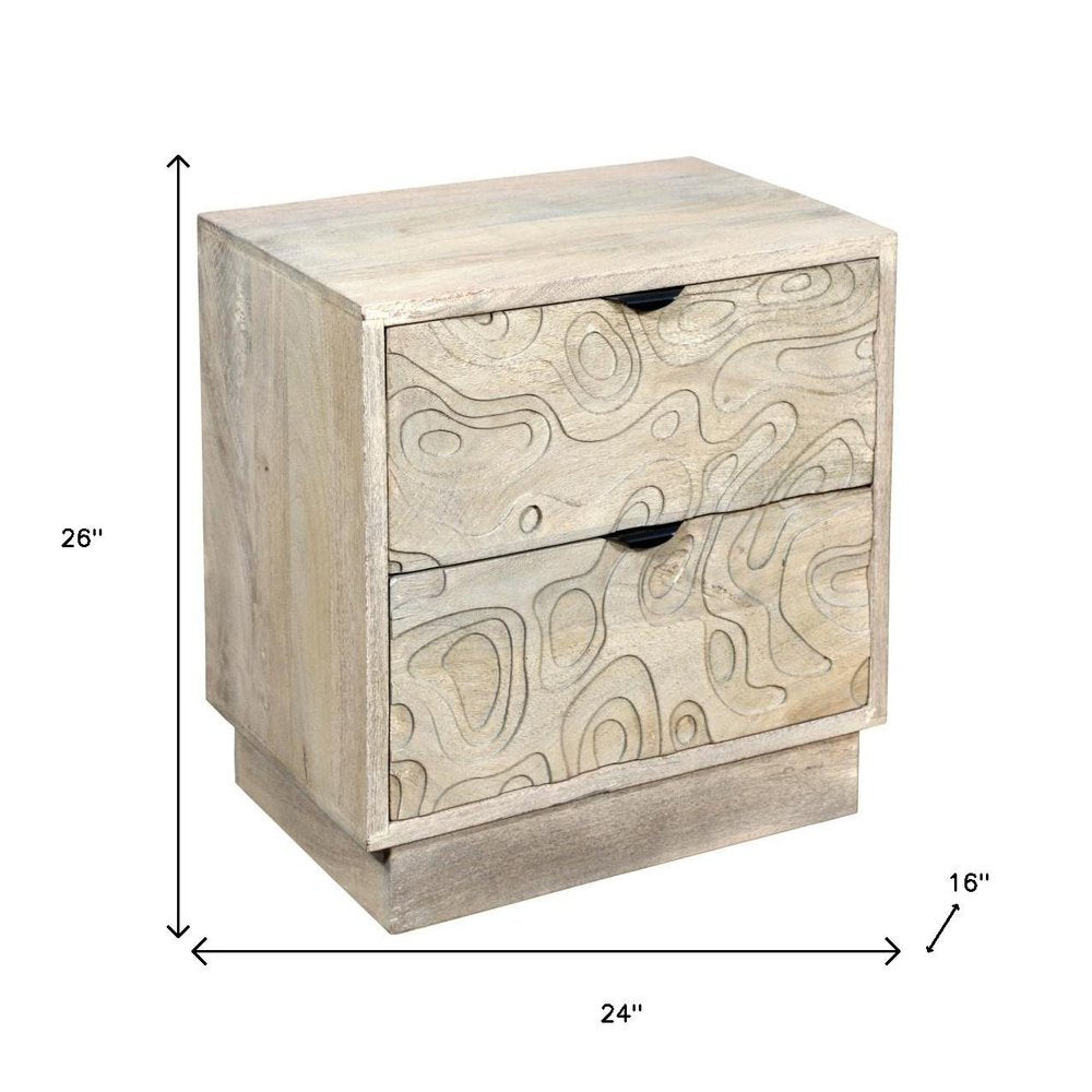 26" Gray Solid Wood Carved Abstract Two Drawer Nightstand. Nightstands & bedside table isolated on a plain white background, showing a wood surface.