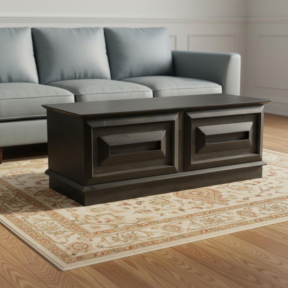 52" Dark Brown Solid Wood Ottoman With Storage styled in a furnished interior with a light gray wall on a dark wood floor.