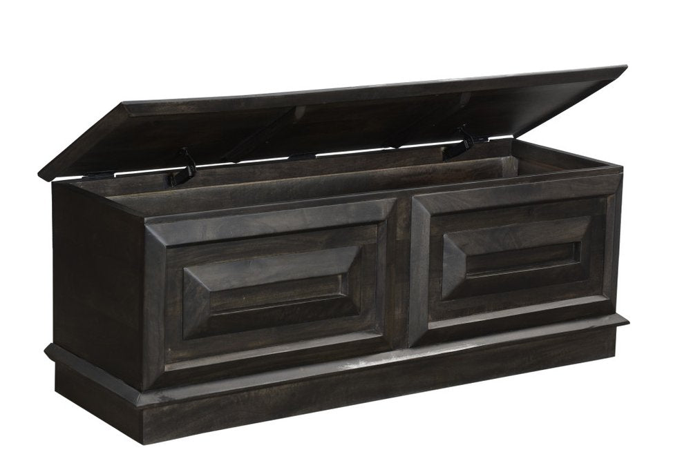 52" Dark Brown Solid Wood Ottoman With Storage. Ottoman isolated on a plain white background, finished in dark brown wood.