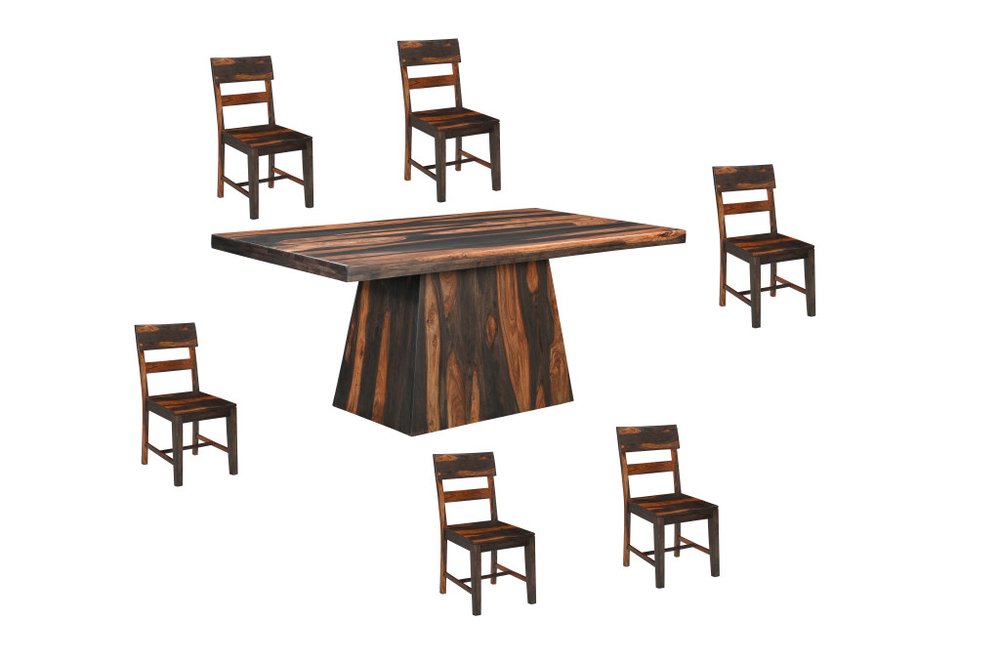 Seven Piece Brown Solid Wood Dining Set with Six Chairs on a white background