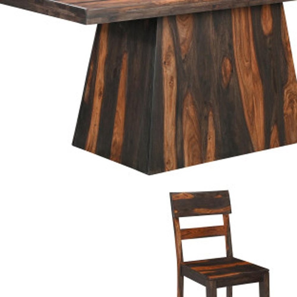 Seven Piece Brown Solid Wood Dining Set with Six Chairs on a white background