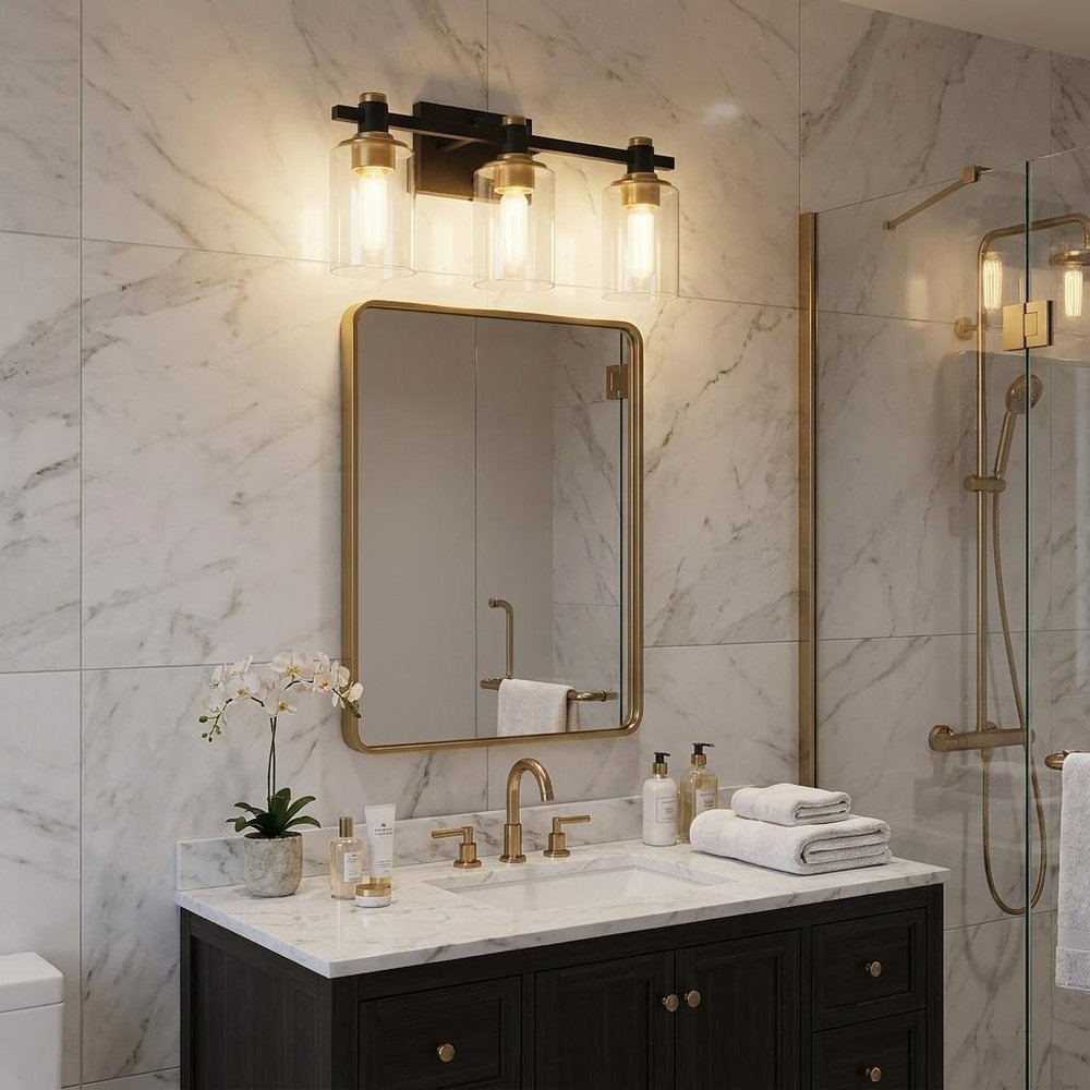 19" Black And Gold Metal and Glass Three Light Bath Bar Vanity Light. Home product in gold glass.