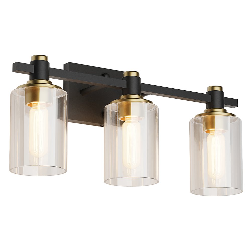 19" Black And Gold Metal and Glass Three Light Bath Bar Vanity Light. Home product isolated on a plain white background, in a black glass finish.