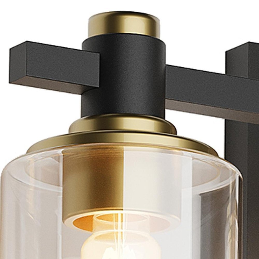 19" Black And Gold Metal and Glass Three Light Bath Bar Vanity Light. Home product isolated on a plain white background, finished in black glass.
