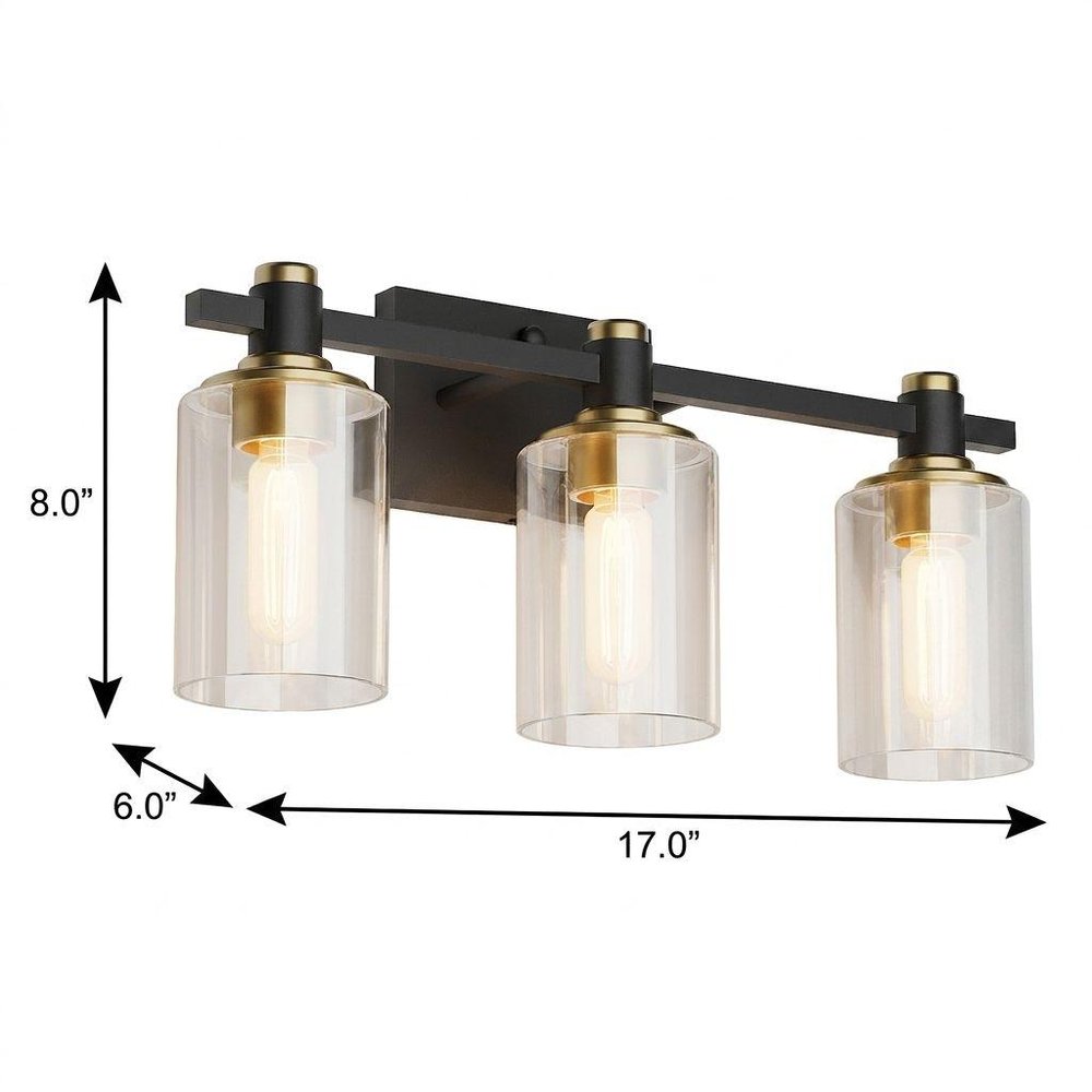 19" Black And Gold Metal and Glass Three Light Bath Bar Vanity Light. Home product isolated on a plain white background, showing a black glass surface.