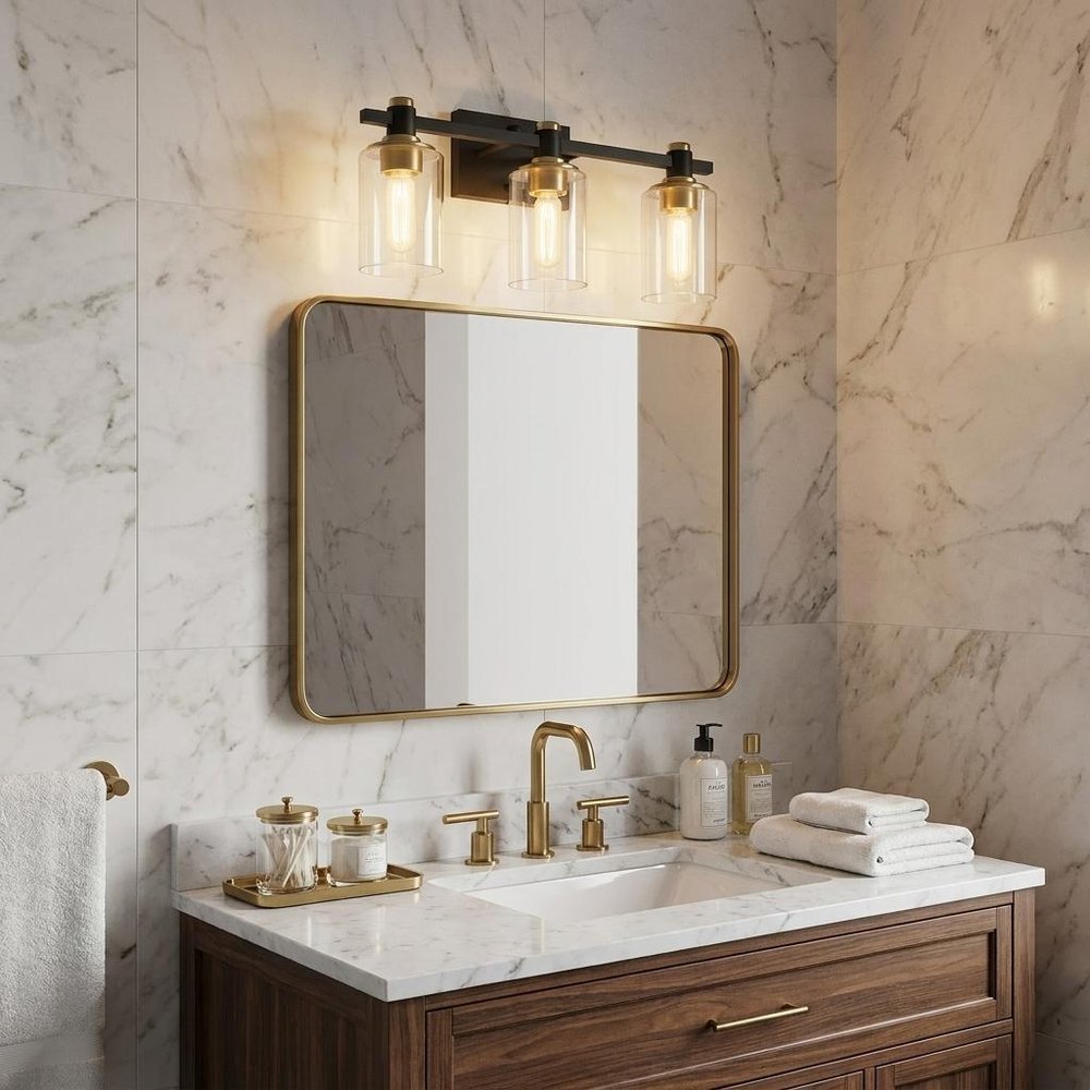 19" Black And Gold Metal and Glass Three Light Bath Bar Vanity Light styled in a furnished interior with a tan wall on a dark wood floor.