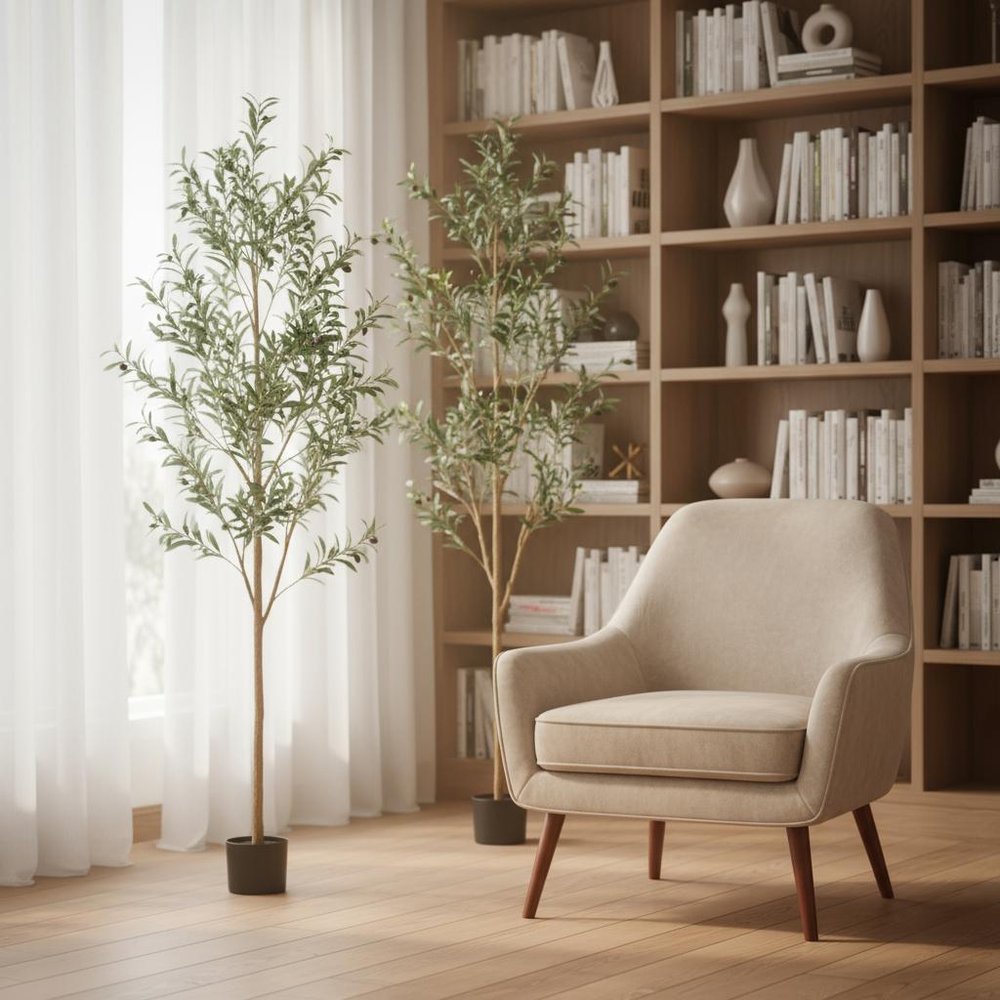 Set of Two 72" Green Artificial Olive Trees in a Black Pots in a home interior