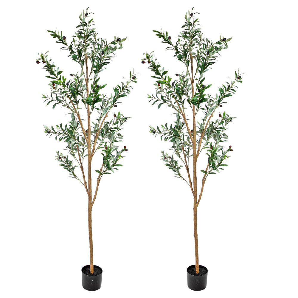 Two tall artificial green olive trees with dark olives in black pots against a white background.