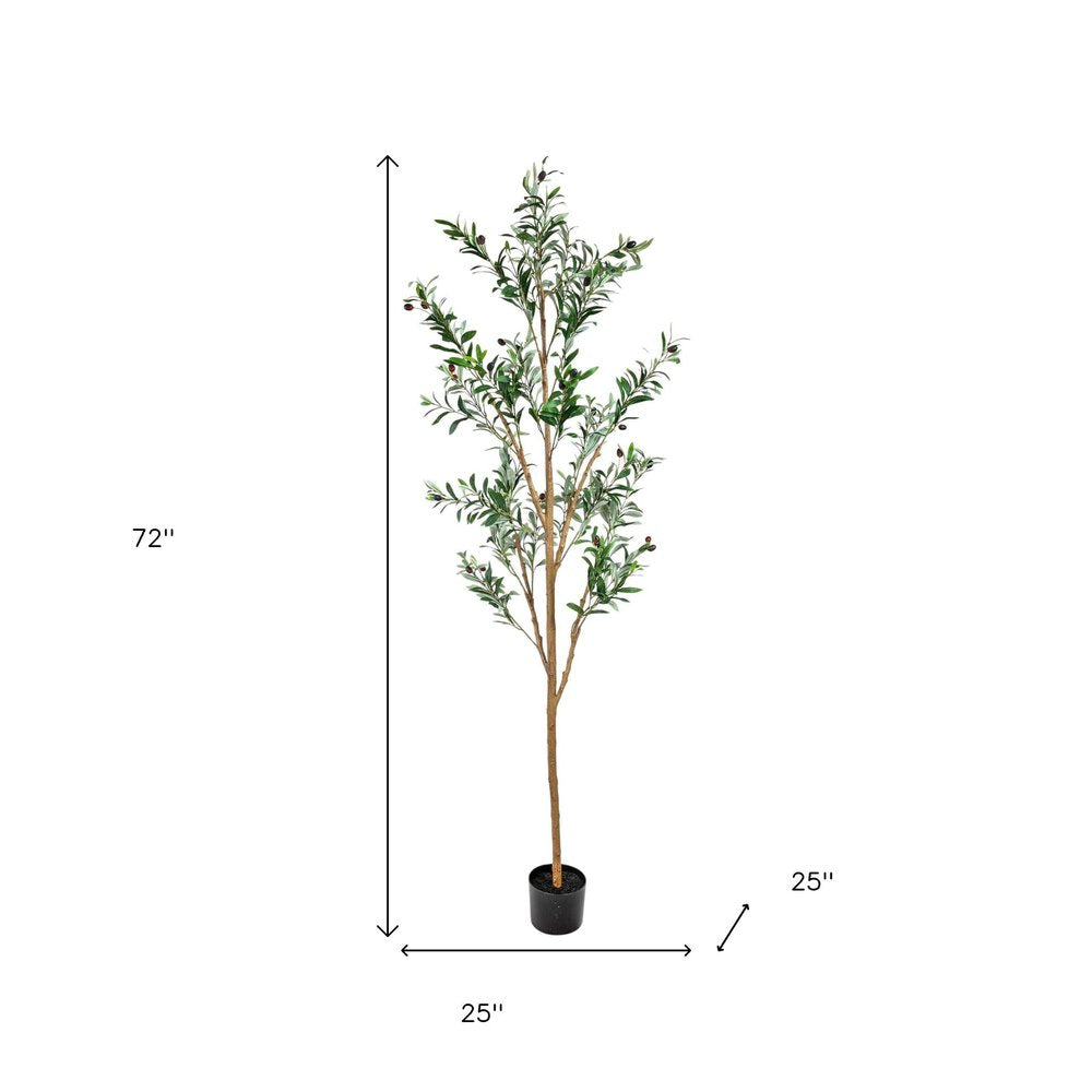 Set of Two 72" Green Artificial Olive Trees in a Black Pots on a white background
