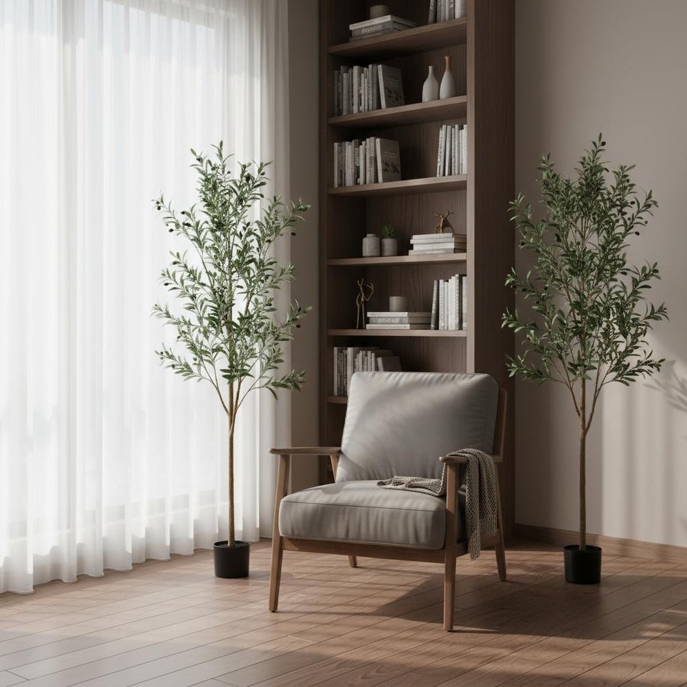 Set Of Two 84" Green Artificial Olive Trees in a Black Pot close-up detail