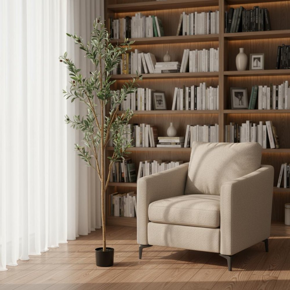 Set Of Two 84" Green Artificial Olive Trees in a Black Pot close-up detail