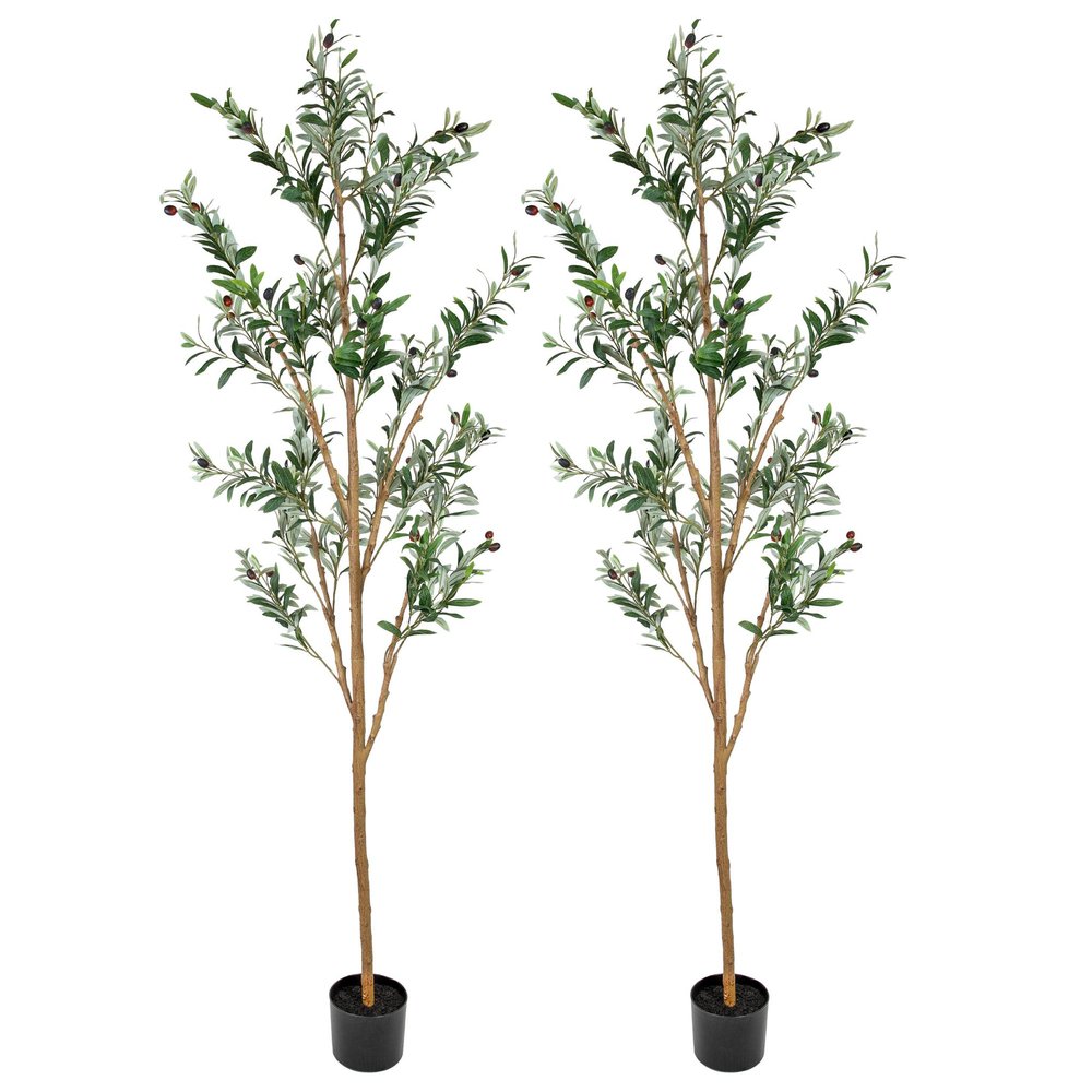 Two artificial 84-inch green olive trees with black olives in black pots on a white background.