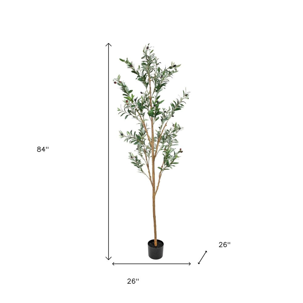 Set Of Two 84" Green Artificial Olive Trees in a Black Pot on a white background