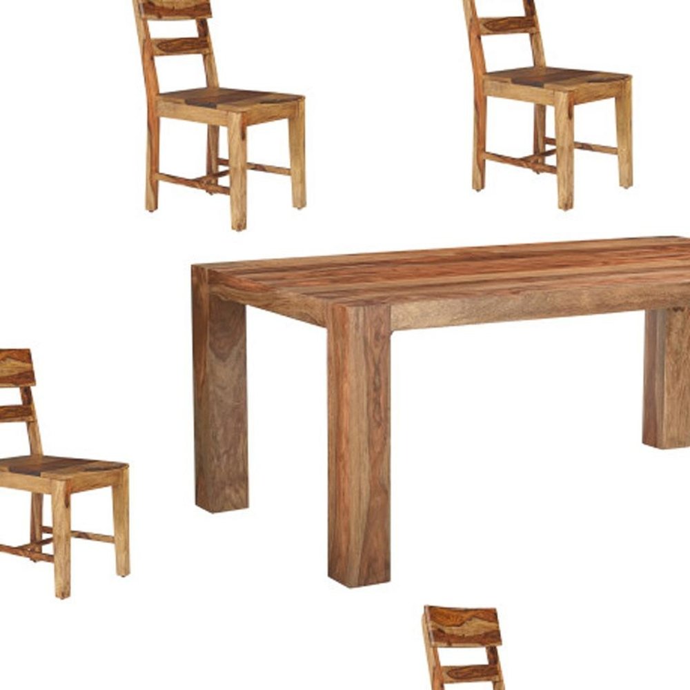 Seven Piece Brown Solid Wood Dining Set with Six Chairs and One Bench - with Set of 6 Ladder Back Chairs on a white background