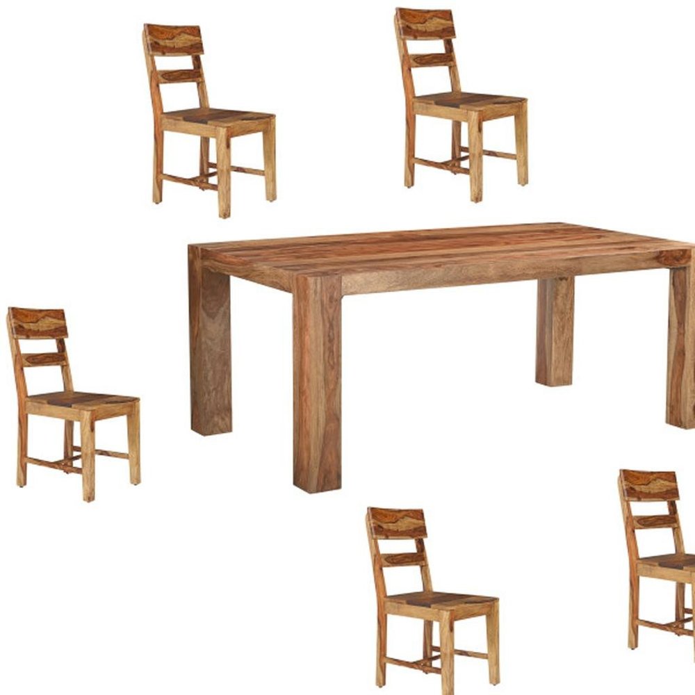 Seven Piece Brown Solid Wood Dining Set with Six Chairs and One Bench - with Set of 6 Ladder Back Chairs on a white background