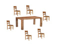 Seven Piece Brown Solid Wood Dining Set with Six Chairs and One Bench - with Set of 6 Ladder Back Chairs on a white background