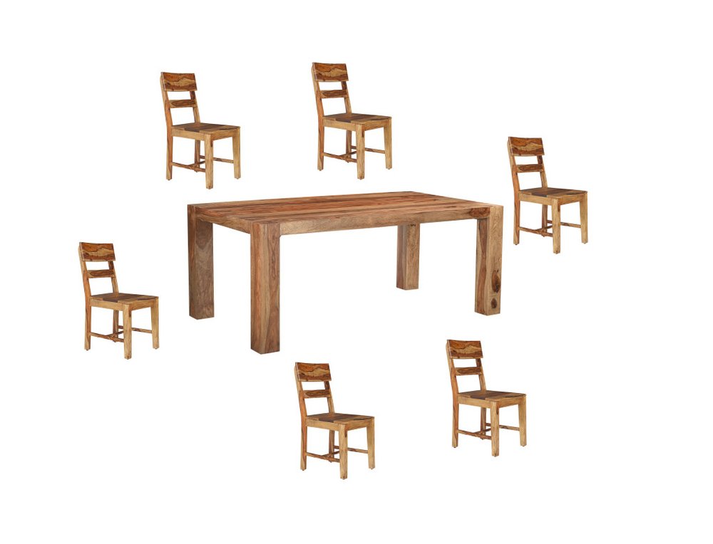 Seven Piece Brown Solid Wood Dining Set with Six Chairs and One Bench - with Set of 6 Ladder Back Chairs on a white background