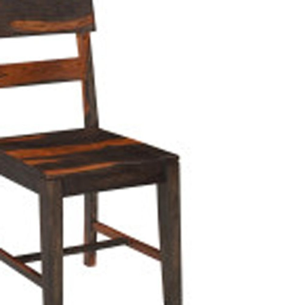Seven Piece Brown and Black Solid Wood Dining Set with Six Chairs and One Bench - 30.00" H x 80.00" W x 40.00" D on a white background