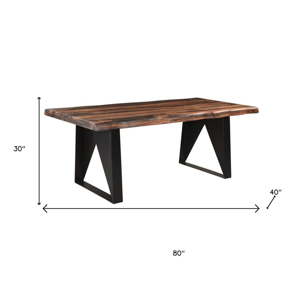 Seven Piece Brown and Black Solid Wood Dining Set with Six Chairs and One Bench - 30.00" H x 80.00" W x 40.00" D on a white background