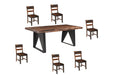 Seven Piece Brown and Black Solid Wood Dining Set with Six Chairs and One Bench - 30.00" H x 80.00" W x 40.00" D on a white background