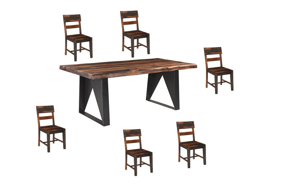 A seven-piece dining set with a brown solid wood table and six dark brown chairs with black metal legs on a white background.