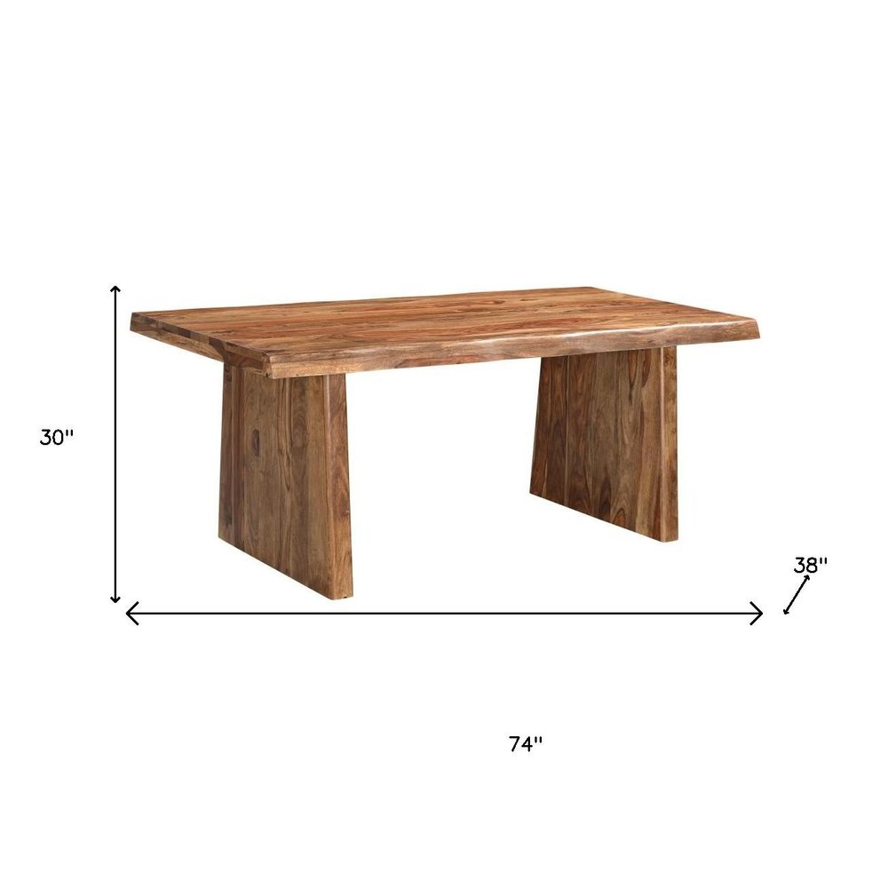 Seven Piece Brown Solid Wood Dining Set with Six Chairs and One Bench - 30.00" H x 74.00" W x 38.00" D on a white background