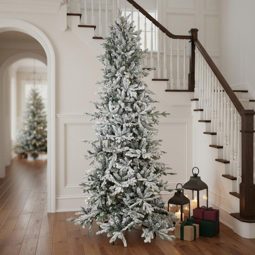 8' Slender Flocked Pine Christmas Tree in a home interior