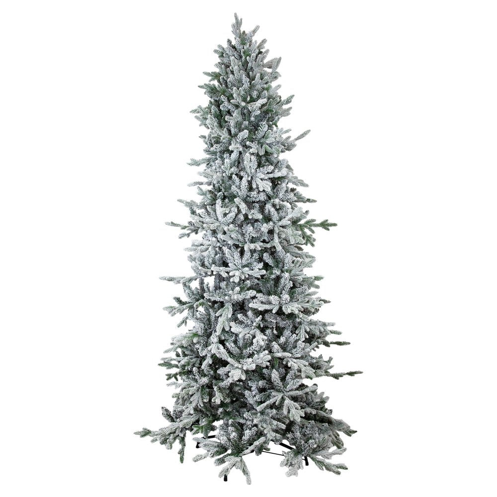 A tall, slender, flocked pine Christmas tree with white snow-like accents on a white background.