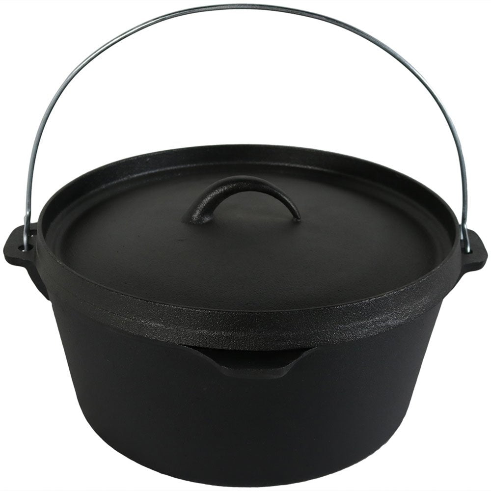 12" Black Cast Iron Dutch Oven Stock Pot. Kitchen accessory isolated on a plain white background, finished in black metal.