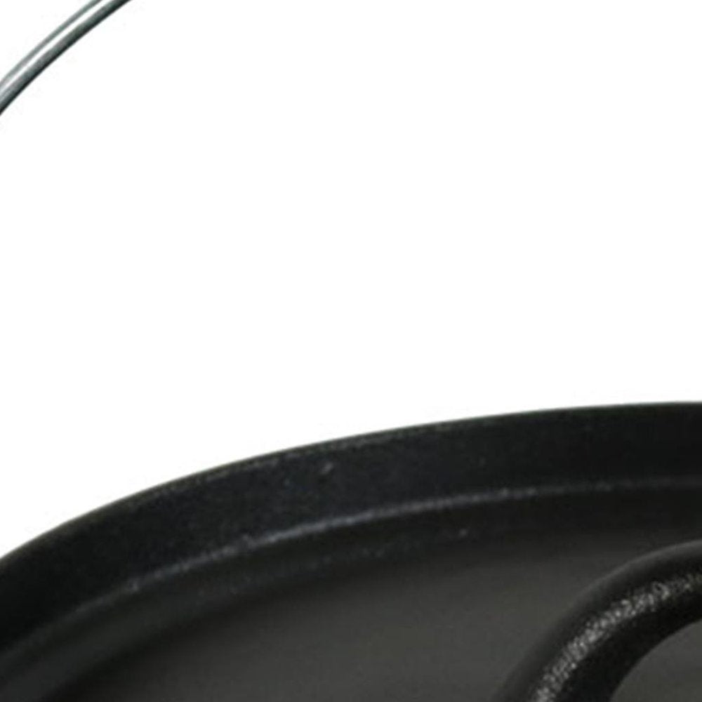 12" Black Cast Iron Dutch Oven Stock Pot. Kitchen accessory isolated on a plain white background, showing a black metal surface.