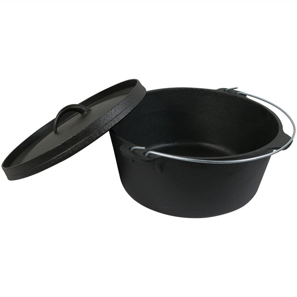 12" Black Cast Iron Dutch Oven Stock Pot. Kitchen accessory isolated on a plain white background, in a black metal finish.