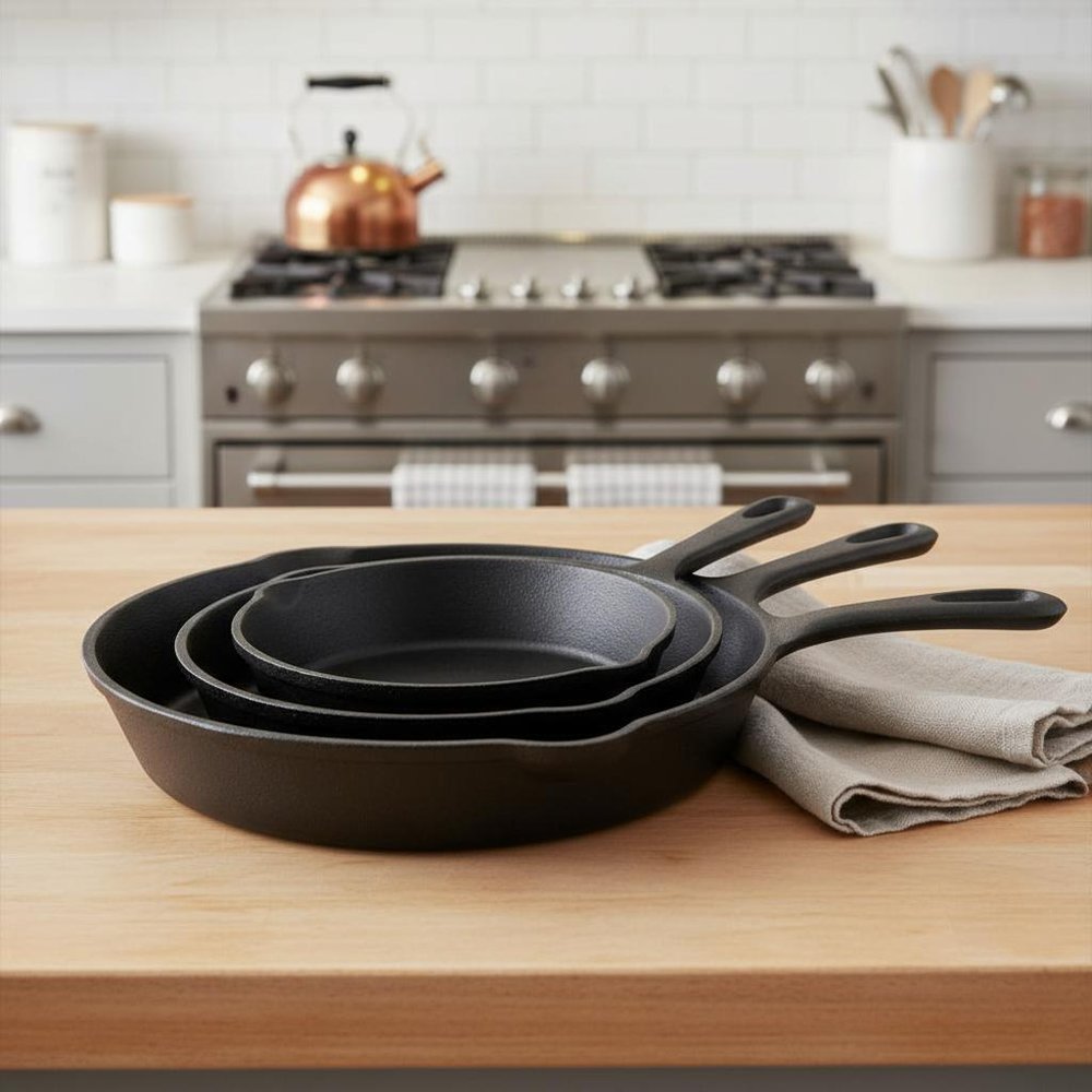 Set of Three Black Cast Iron Frying Pans in a home interior