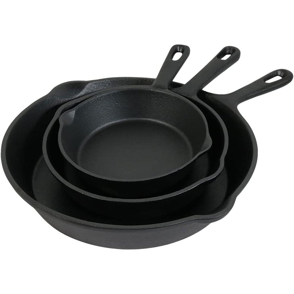 Set of Three Black Cast Iron Frying Pans on a white background