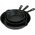 Set of Three Black Cast Iron Frying Pans on a white background