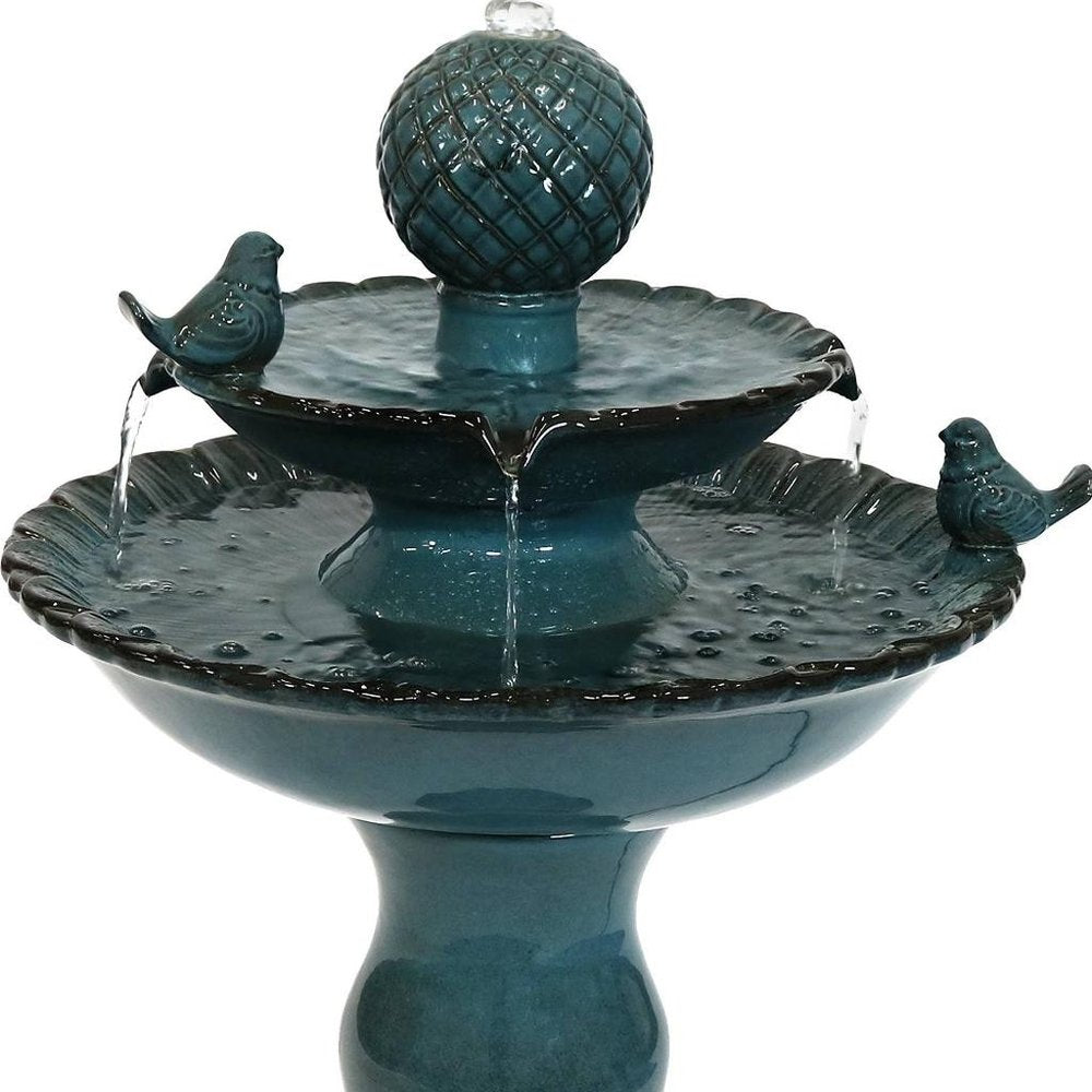 27" Teal Blue Ceramic Birds Garden Hanging Wall or Door Decor. Outdoor accessories-decor-garden-game isolated on a plain white background, in a teal ceramic finish.
