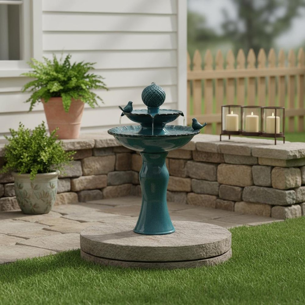 27" Teal Blue Ceramic Birds Garden Hanging Wall or Door Decor shown outdoors on a patio with greenery.