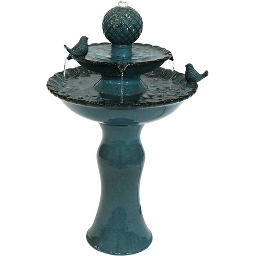 Teal blue ceramic tiered bird bath fountain with decorative birds and a textured sphere on top, set against a white background.