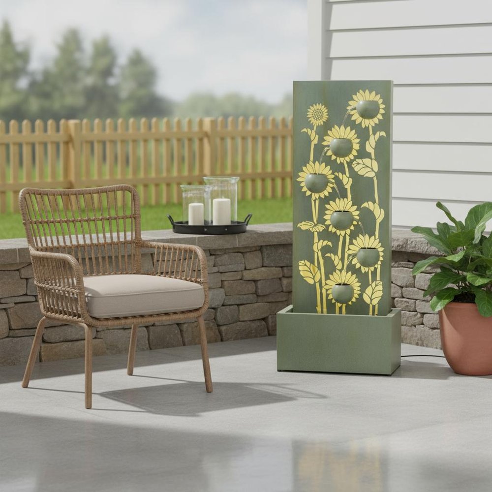 49" Light Green Steel LED lights Garden Hanging Wall or Door Decor shown outdoors on a tiled patio.
