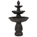 A dark brown, three-tiered plastic garden fountain with water flowing down.